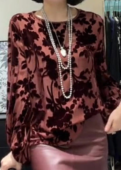 French Pink O Neck Jacquard Silk Velour Blouse Tops Fall Wp039