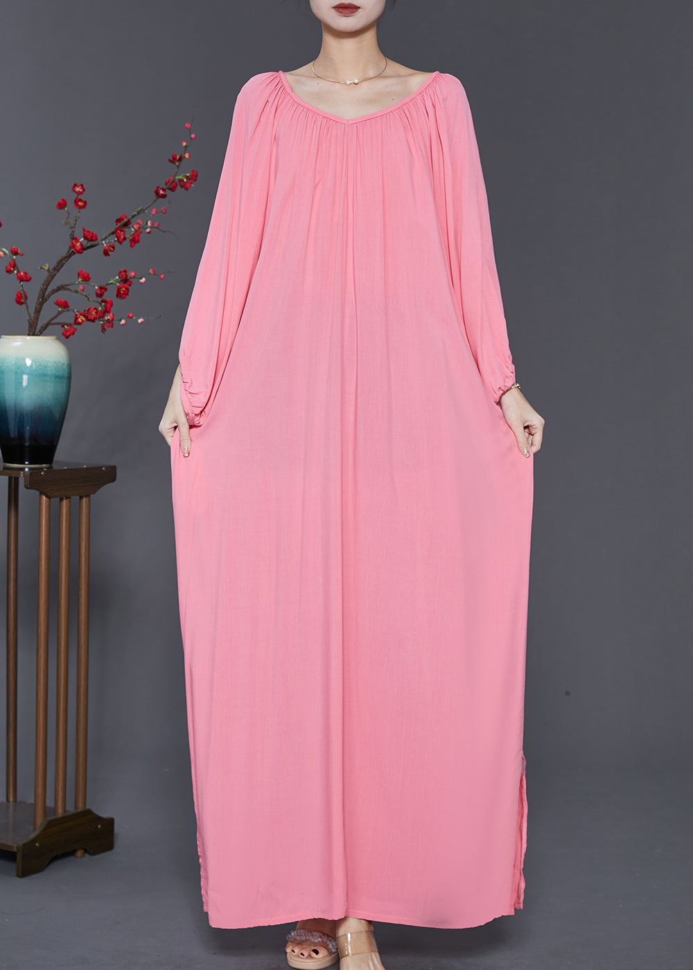 French Pink Oversized Cotton Maxi Dresses Spring Sd1047