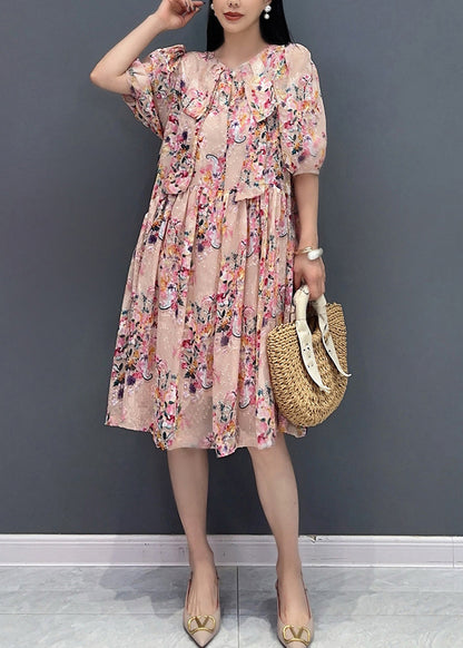 French Pink Print Fake Two Pieces Long Dress Summer Ao1030