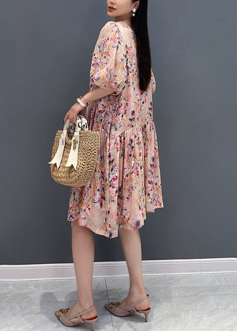 French Pink Print Fake Two Pieces Long Dress Summer Ao1030
