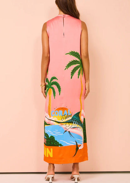 French Pink Print Side Open Silk Maxi Dresses Sleeveless Ff099
