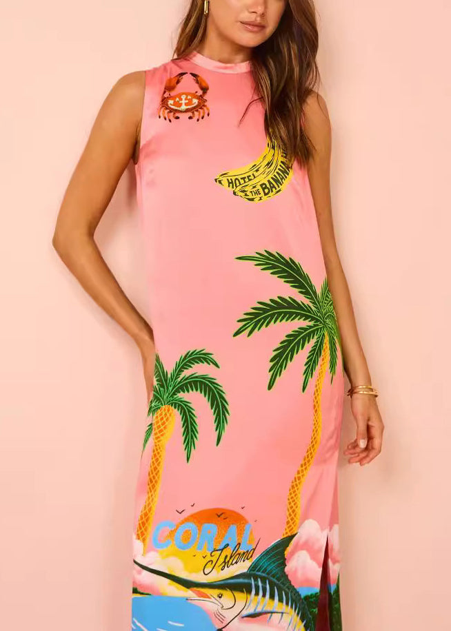 French Pink Print Side Open Silk Maxi Dresses Sleeveless Ff099