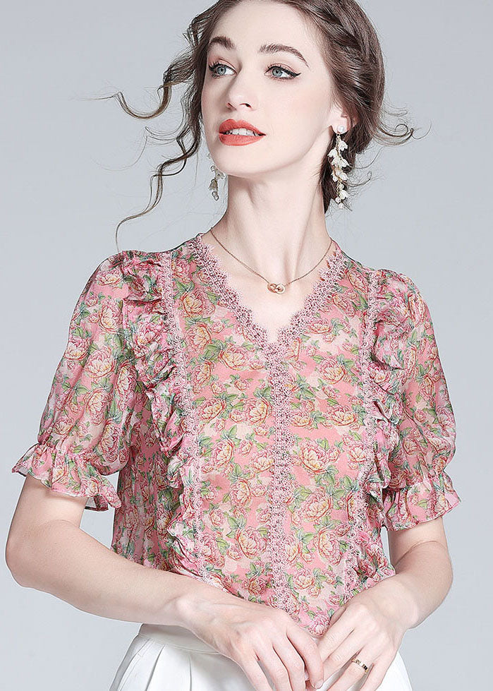 French Pink V Neck Lace Patchwork Print Silk Blouse Top Summer Ly0140
