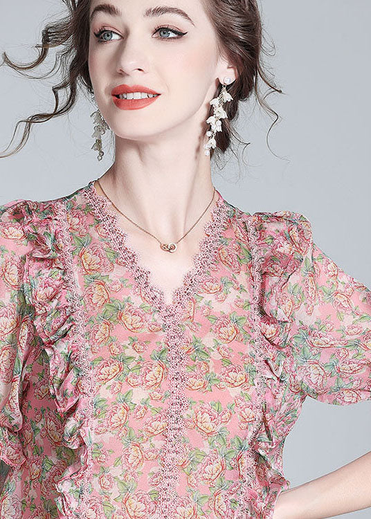 French Pink V Neck Lace Patchwork Print Silk Blouse Top Summer Ly0140