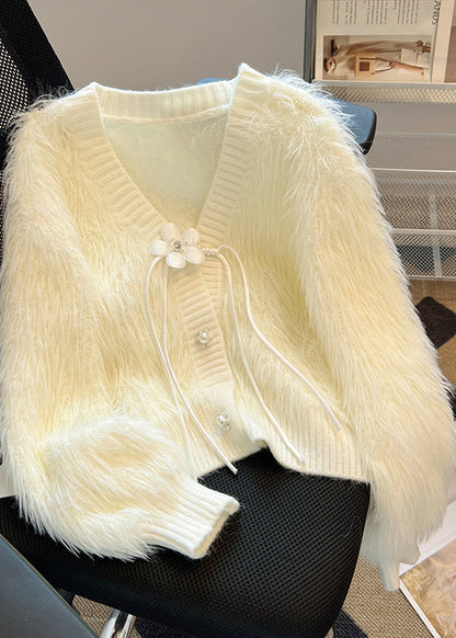 French Pink V Neck Tassel Mink Hair Knitted Cardigan Spring Tn005