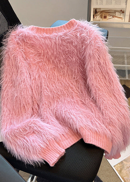 French Pink V Neck Tassel Mink Hair Knitted Cardigan Spring Tn005