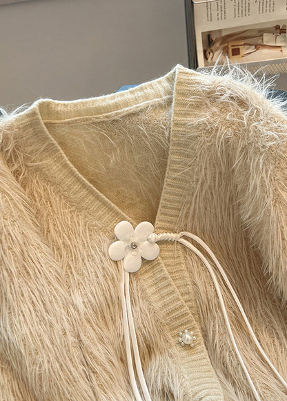 French Pink V Neck Tassel Mink Hair Knitted Cardigan Spring Tn005
