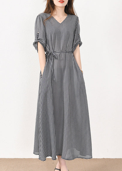 French Plaid Pockets Tie Waist Silk Cotton Long Dresses Half Sleeve Mn057
