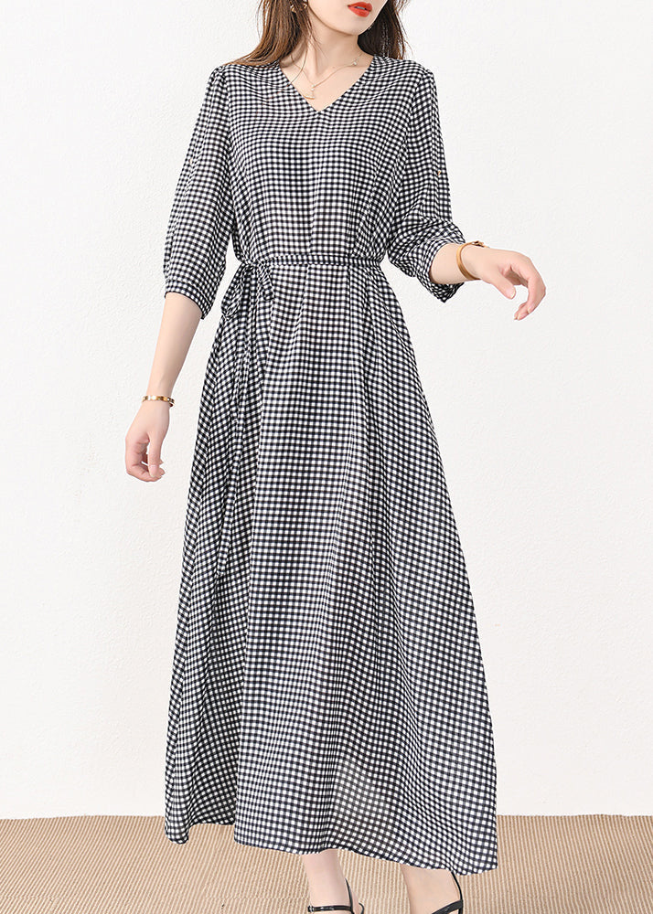 French Plaid Pockets Tie Waist Silk Cotton Long Dresses Half Sleeve Mn057