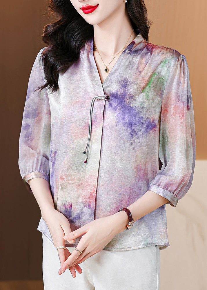 French Purple Button Print Silk Blouse Bracelet Sleeve Op1060