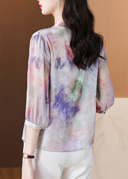French Purple Button Print Silk Blouse Bracelet Sleeve Op1060