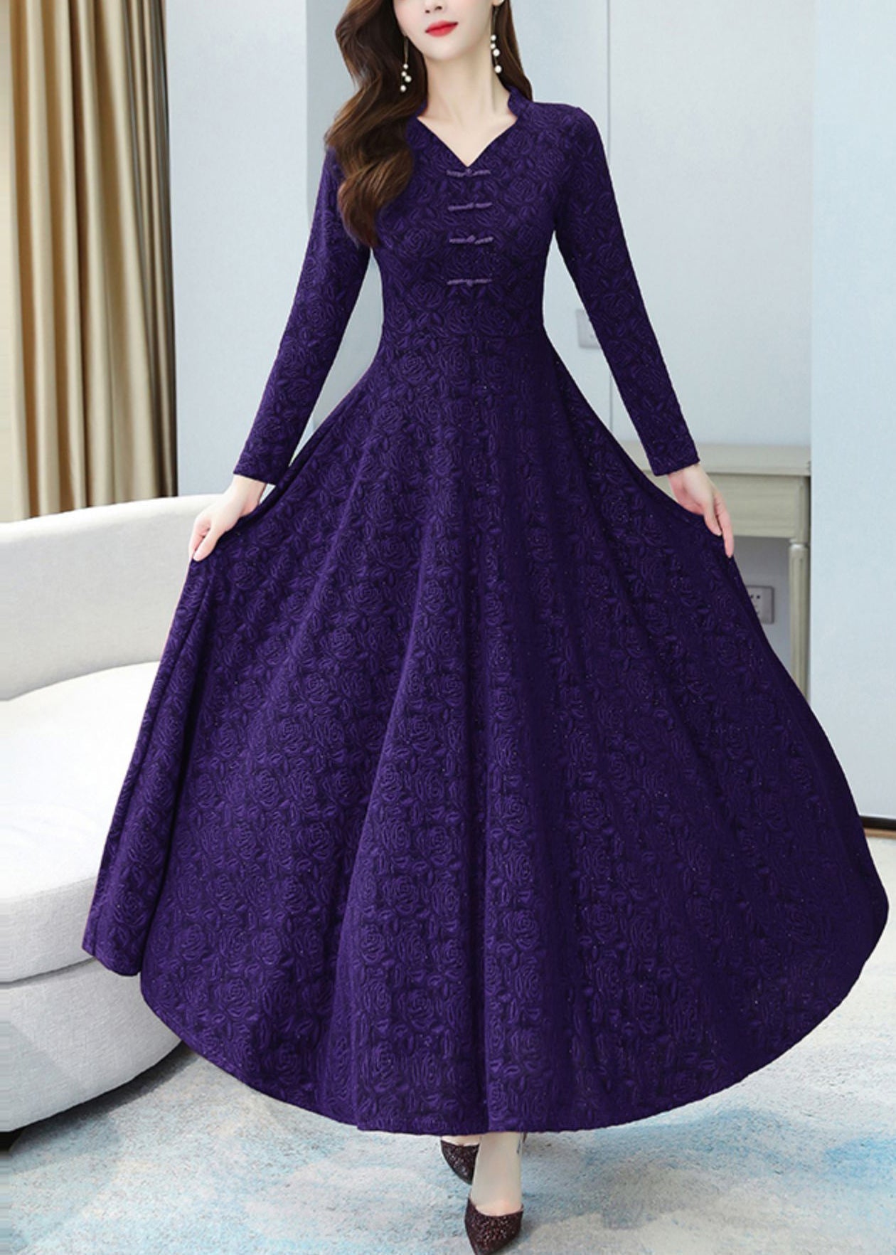 French Purple Jacquard Extra Large Hem Cotton Maxi Dresses Fall Oo044