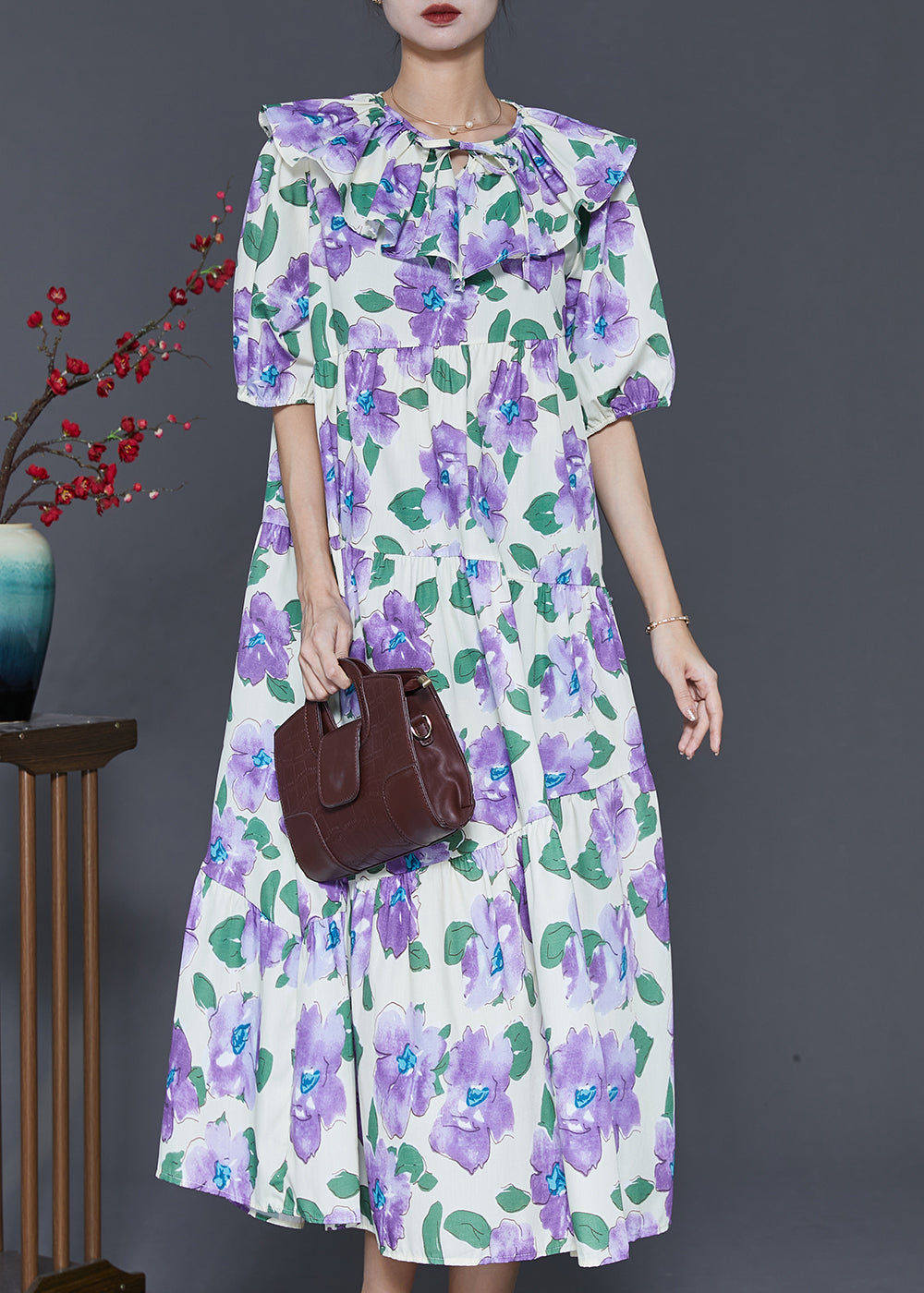 French Purple Peter Pan Collar Cotton Maxi Dresses Summer Sd1030