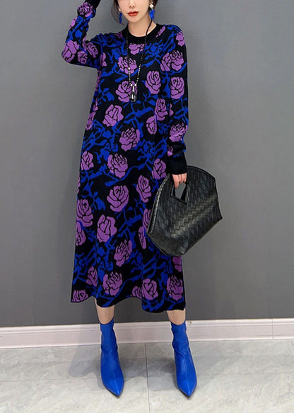 French Purple Rose Print Slim Fit Knit Long Dress Spring Ly1660