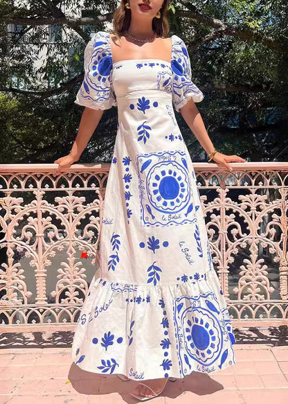 French Rainbow Square Collar Print Cotton Maxi Dresses Summer Bb066