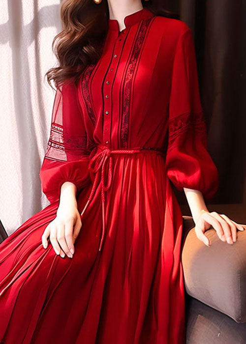 French Red Hollow Out Lace Up Long Dress Bracelet Sleeve Qr033
