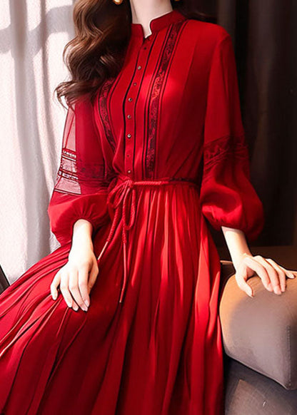 French Red Hollow Out Lace Up Long Dress Bracelet Sleeve Qr033