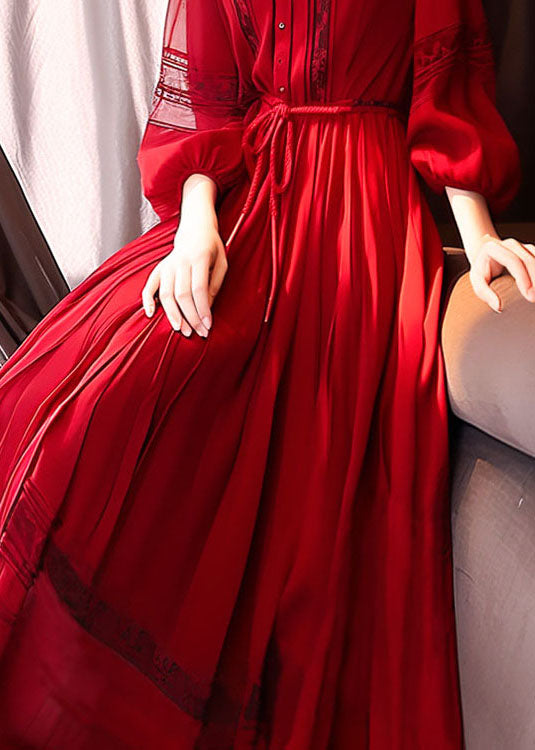 French Red Hollow Out Lace Up Long Dress Bracelet Sleeve Qr033