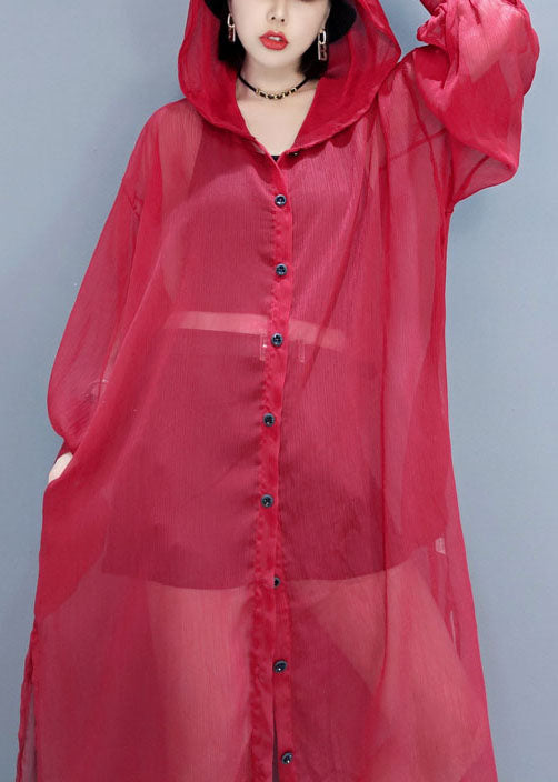French Red Hooded Hollow Out Chiffon Long Cardigans Summer Ly1658