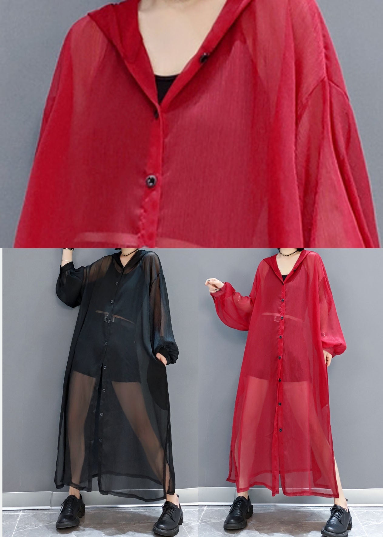 Black Loose Chiffon Upf 50+ Cardigans Oversized Side Open Summer Ly1656