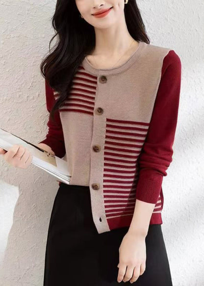 French Red O Neck Button Patchwork Knit Cardigans Fall Qi005