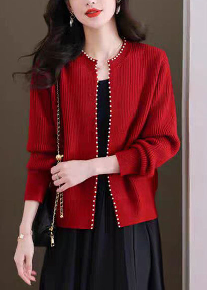 French Red O Neck Nail Bead Knit Cardigans Fall Qi007