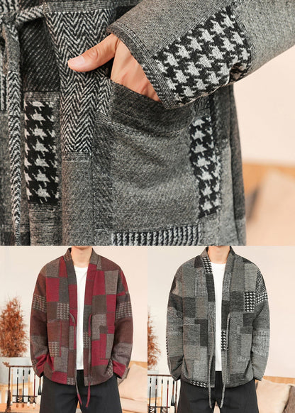Grey Pockets Patchwork Woolen Coat V Neck Winter Ro031