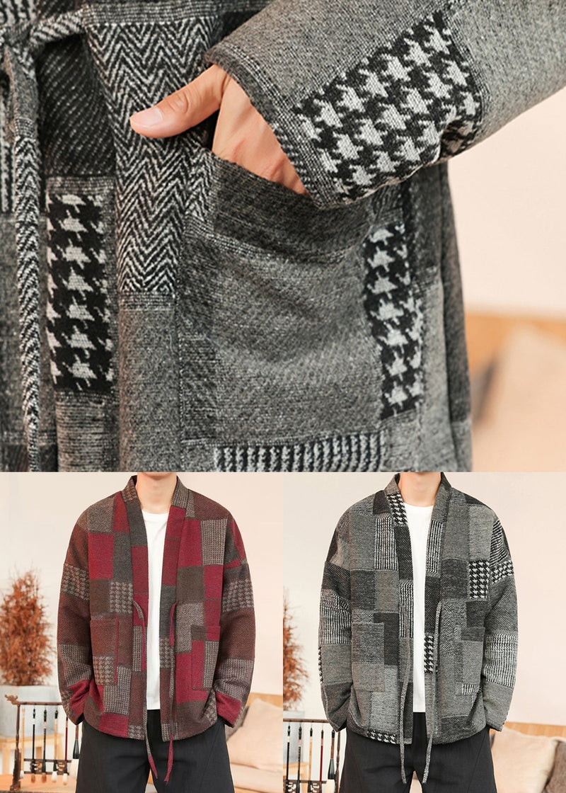 Grey Pockets Patchwork Woolen Coat V Neck Winter Ro031