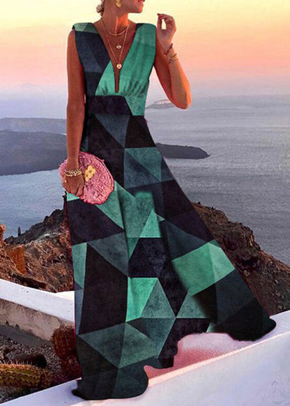 French Rose V Neck Patchwork Chiffon Long Dress Sleeveless Th042