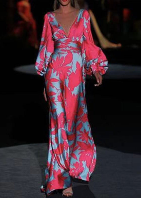 French Rose V Neck Print Cotton Long Dresses Long Sleeve Ww1038