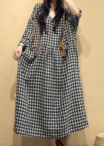 French Small Plaid V Neck Linen Long Dresses Fall Au1054