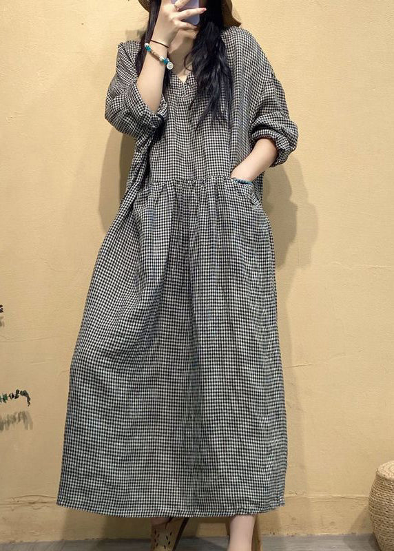 French Small Plaid V Neck Linen Long Dresses Fall Au1054