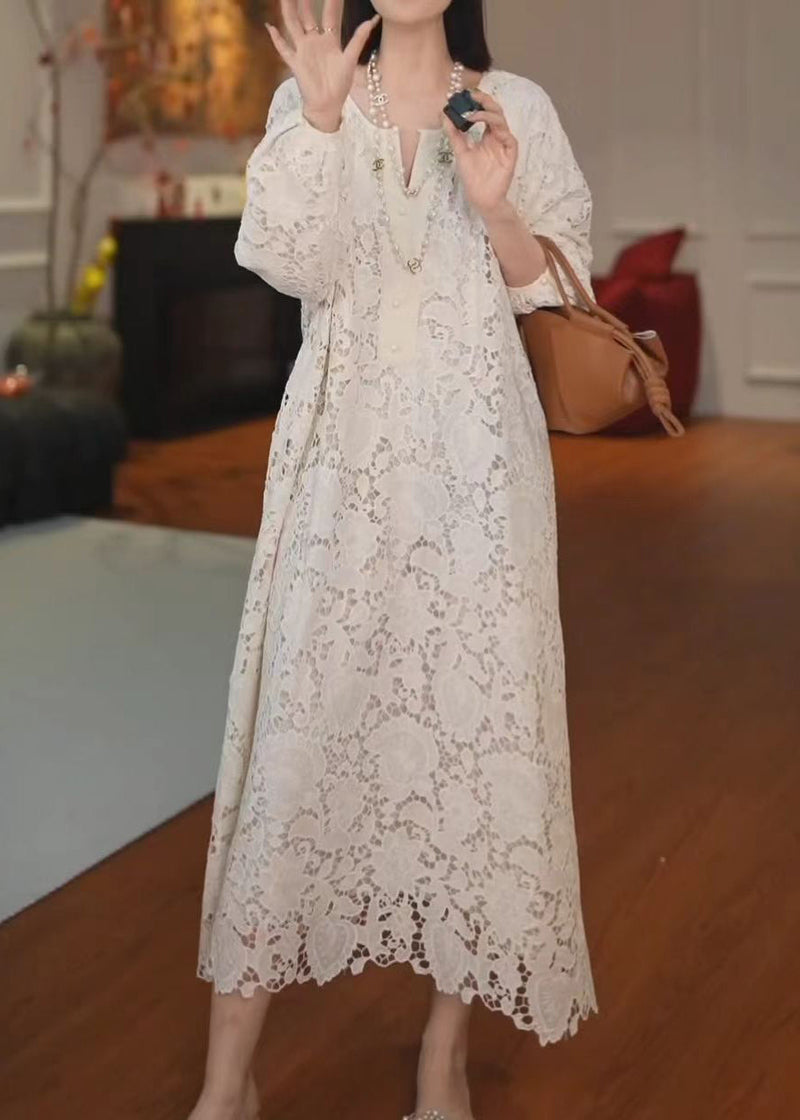 French Versatile Beige Hollow Out Lace Long Dress Summer Zl001