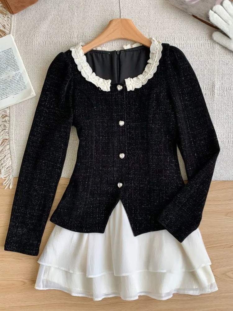French Mini Dress Square Collar Long Sleeves Layered Ruffles Patchwork A-line Autumn Spring Y2k Vestidos