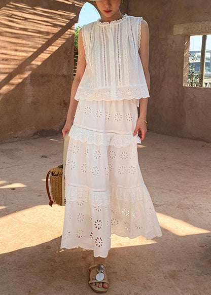 Two Out Hollow and Blouses French Cotton Pieces Skirts Set White
