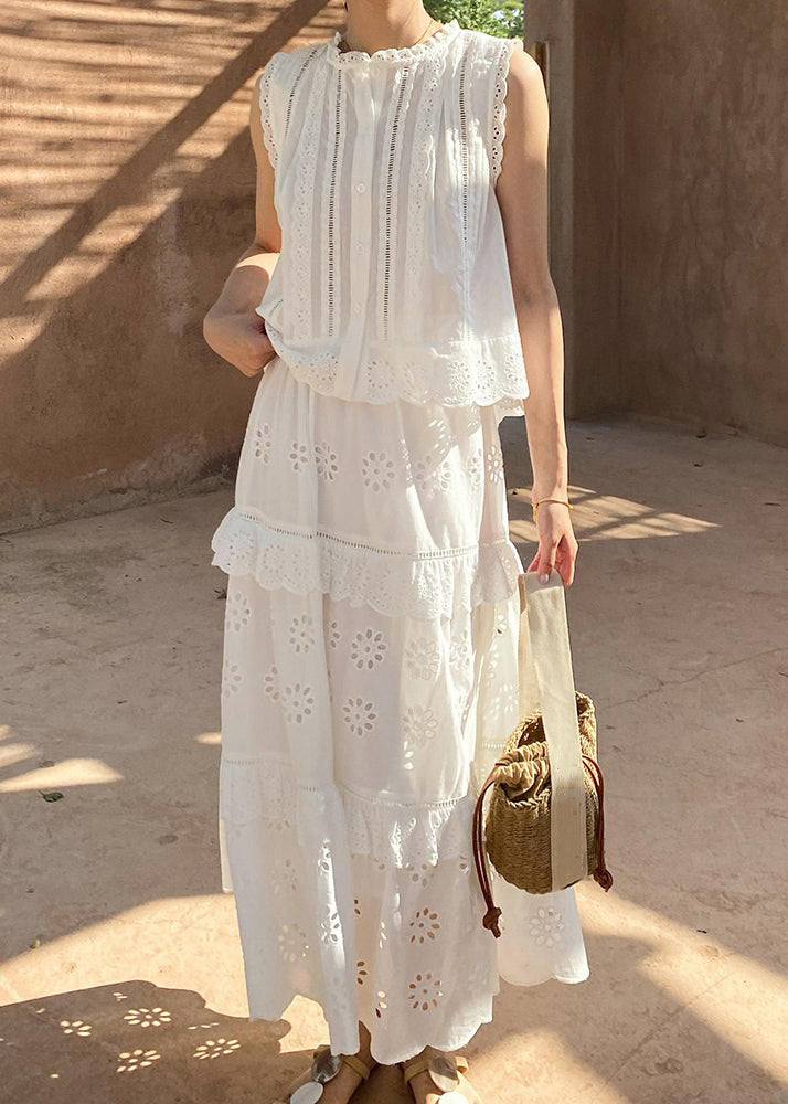 Two Out Hollow and Blouses French Cotton Pieces Skirts Set White