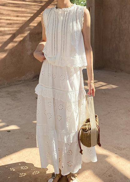 Two Out Hollow and Blouses French Cotton Pieces Skirts Set White