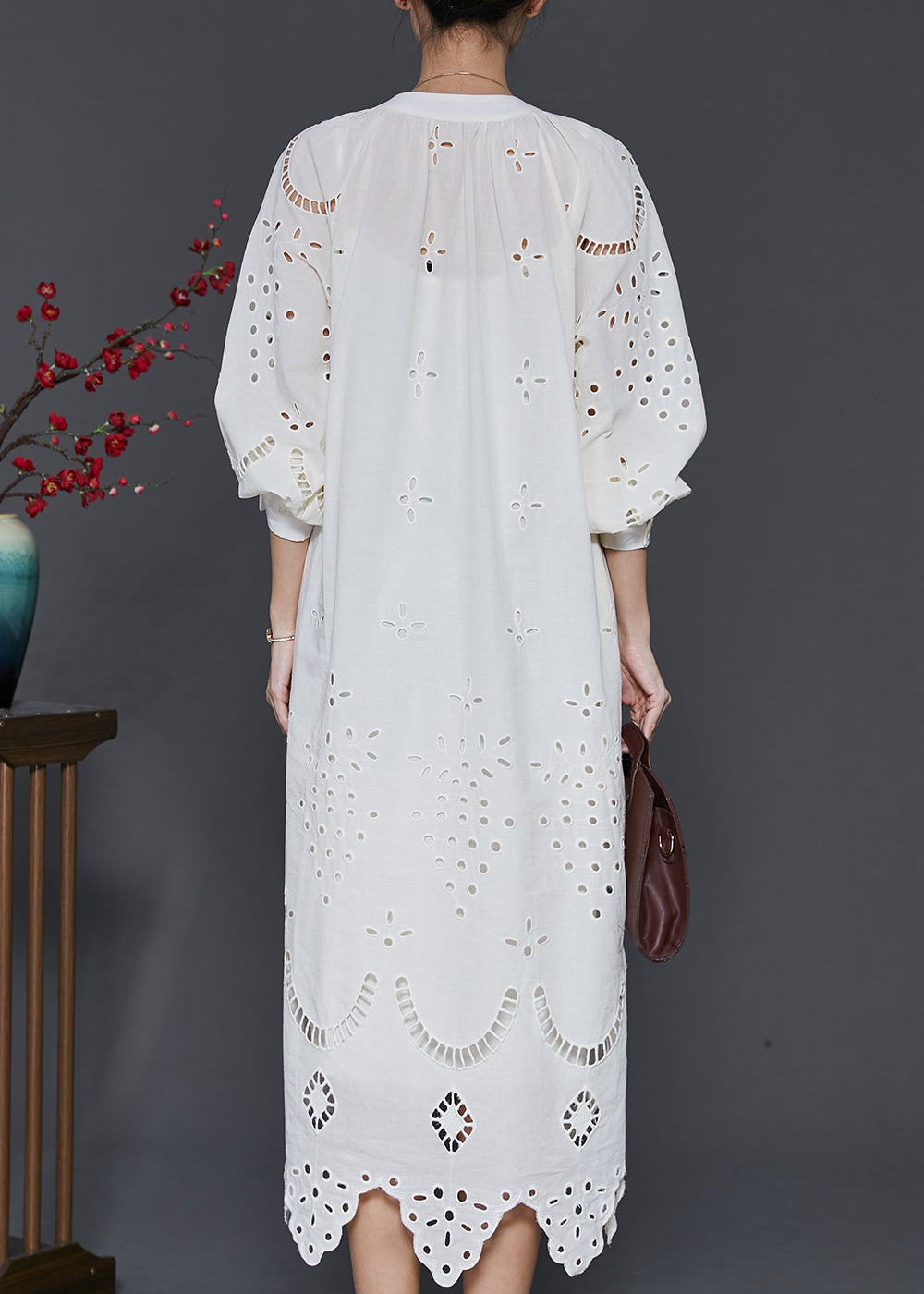 French White Hollow Out Cotton Long Dress Spring Sd1031