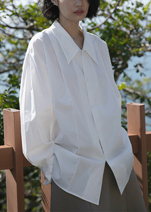 French White Peter Pan Collar Button Cotton Blouse Tops Long Sleeve Tu026