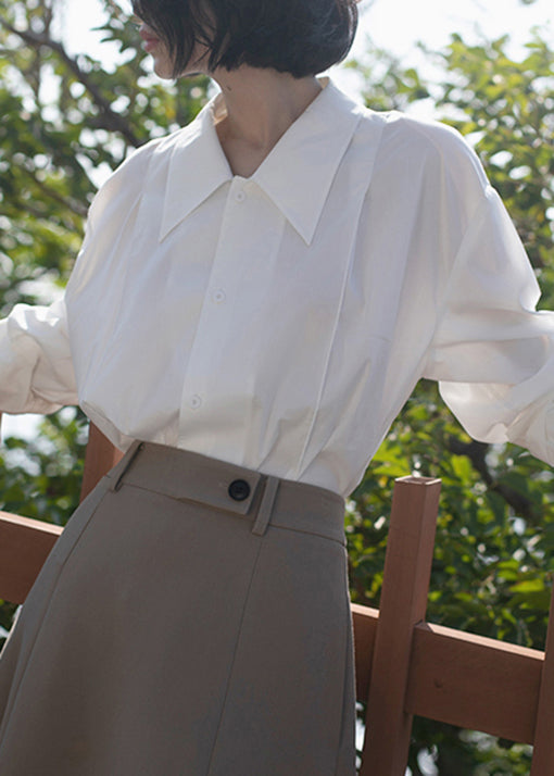 French White Peter Pan Collar Button Cotton Blouse Tops Long Sleeve Tu026