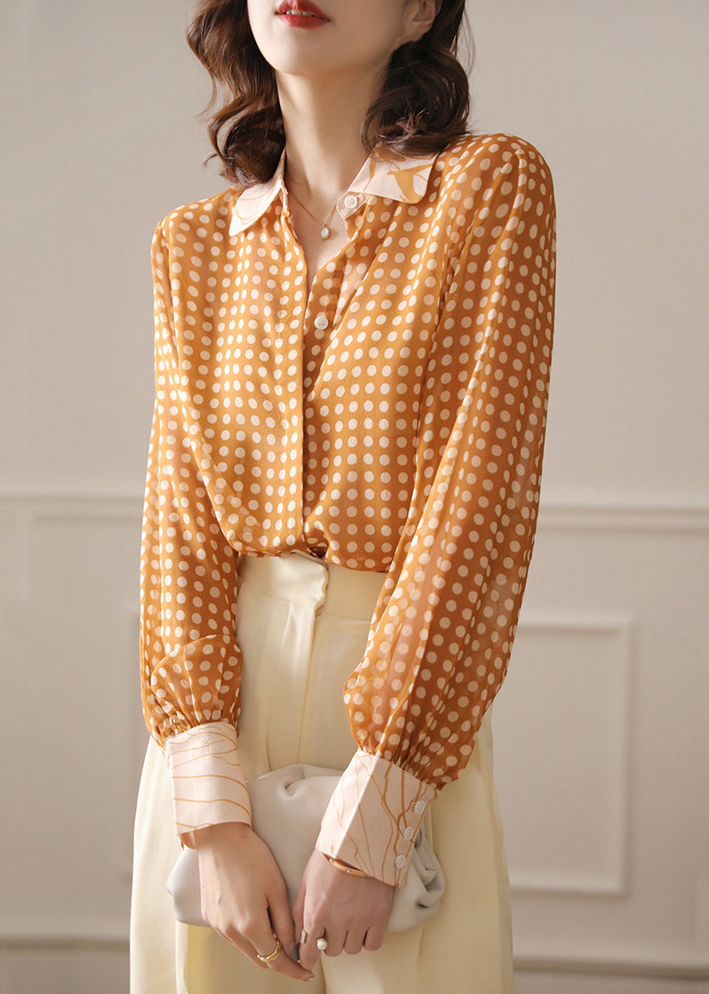 French Yellow Peter Pan Collar Dot Chiffon Blouse Spring As1032