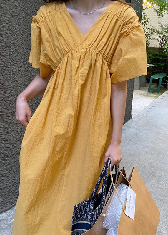 French Yellow V Neck Wrinkled Patchwork Cotton Long Dress Summer Ly1352