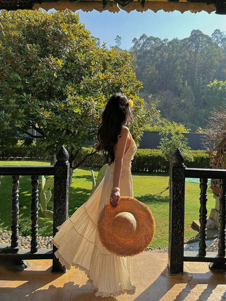 French Halter V-neck Backless Maxi Dress Beach Vacation Sundress