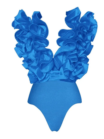 Red Flower Frilled One Shoulder Bikini Swimsuit and Skirt