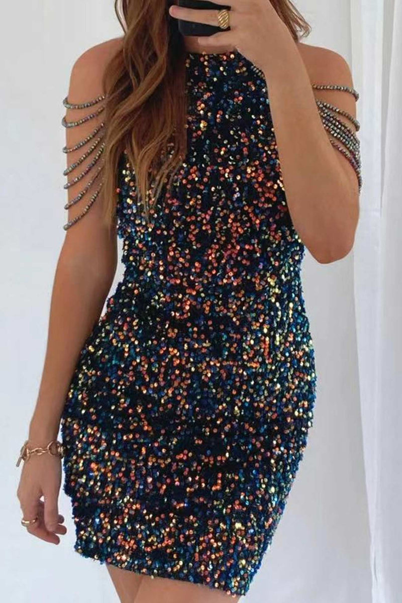 Fringe Shoulder Sequins Pack Hip Mini Dress