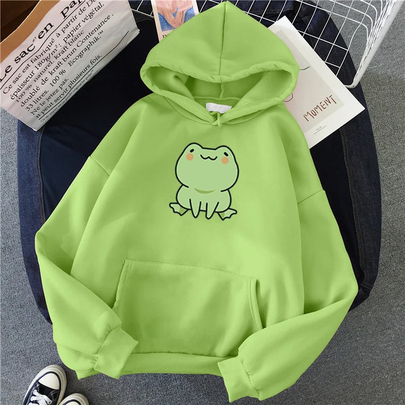 Frog Sweatshirt Cartoon Clothes Harajuku Long Sleeve Hooded Kawaii Hoodie for Winter Fleece Hoodies Pocket Green Tops
