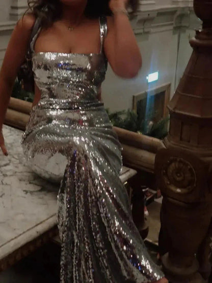 Sequins Backless Slit Sling Maxi Dress