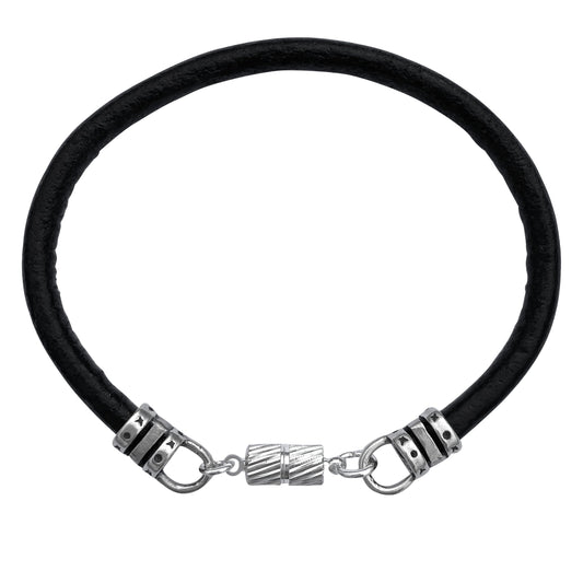 Extra Thick 4mm Wide Black Leather Bracelet With Silver Magnetic Clasp