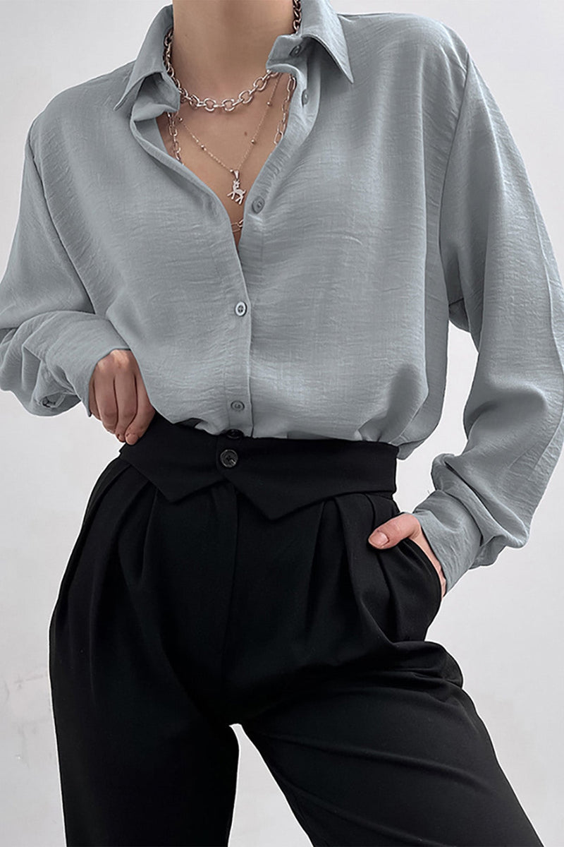 Color Lapel Long Sleeve Button-up Blouse