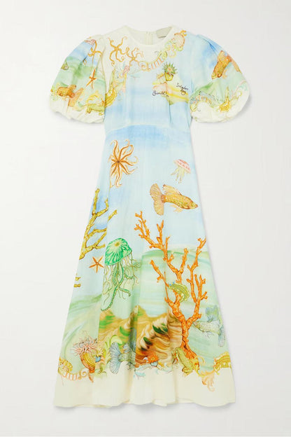 Gathered Printed Linen-gauze Midi Dress